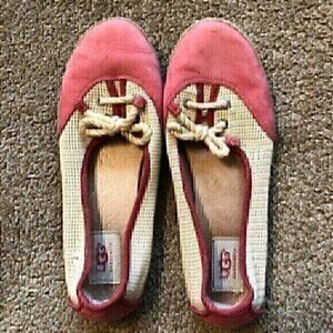 UGG Catrin Crochet Slip Ons Coral Red Pink Beige Espadrille LEATHER Flats US 8